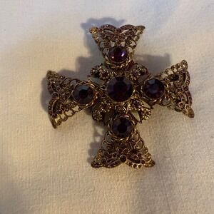 Ornate Victorian Style Cross Brooch Amethyst Rhinestones Gold Tone